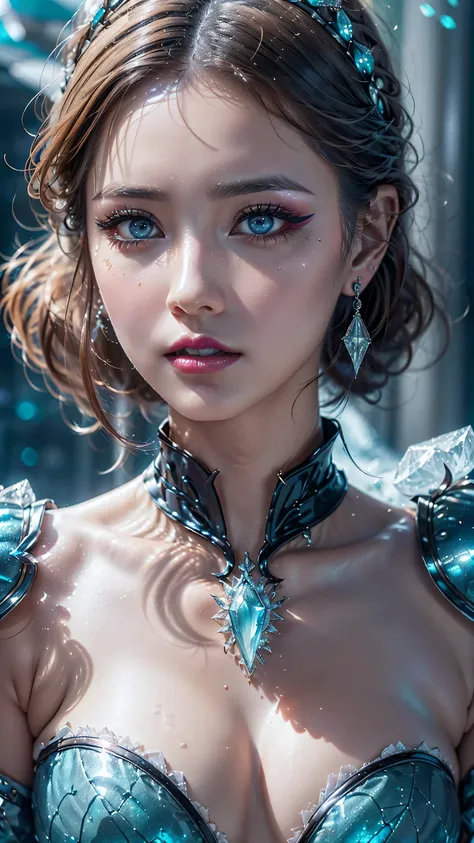 dressed, (details of a very beautiful face)(best quality:1.4)16k resolution,(photo realistic:1.65), (realistic:1.65), 16k, (1girl:1.4) 21years old、((ancient ice priestess:1.3))、(((pillar of neon cold light from the sky:1.4))), (Increase quality:1.3), (best...