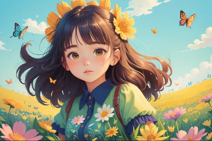 (best quality, masterpiece), 1 girl , wind, in a field of blooming flowers,upper body，（surrounded by flowers），butterflies flying...