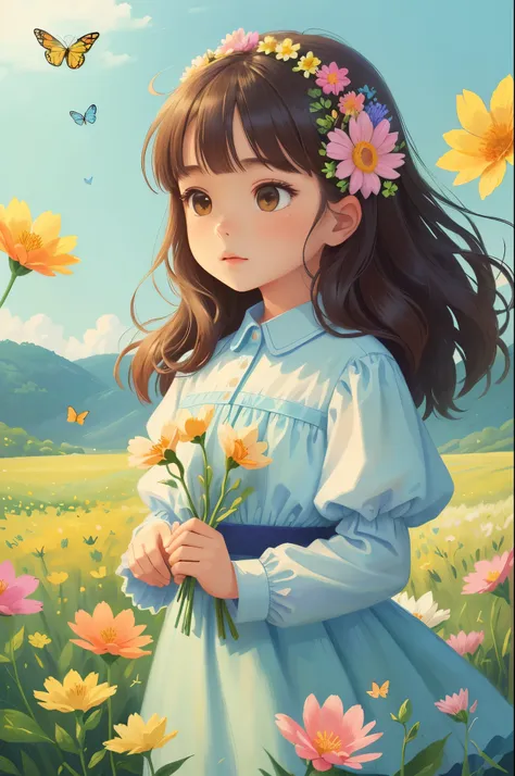 (best quality, masterpiece), 1 girl , wind, in a field of blooming flowers,Upper body，（surrounded by flowers），Butterflies flying，（Sea of flowers）,flower field，Densely packed flowers， Bright and delicate flowers，Close-up of flowers， cartoon, colorful，