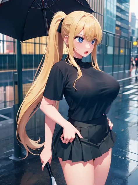 1woman,Standing in the city,rainy,Shocked expression,midday, open mouth,black t-shirt,black mini skirt,tennis skirt,Very big breasts,Blonde hair,long hair,ponytail,bangs,blue eyes,ultra detail,ultra Hd, masterpiece,4k