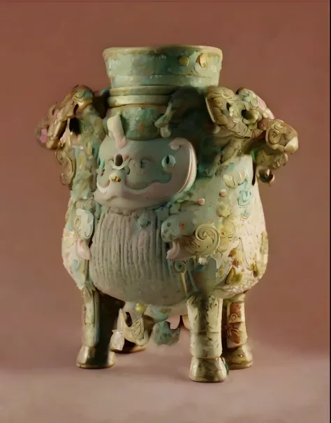 An anthropomorphic turquoise wine container from the late Shang Dynasty，There is a ram on the left and right sides, Chinese Arts, Dongshan Bronze Ware, Shang Shuangyang Zun，shaped mouth，The abdomen is like a pair of sheep with their forequarters facing eac...