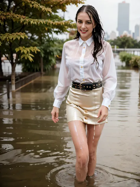 raw photo of a drenched looking 1girl, solo, raining, wearing a wet white collared shirt, fine fabric emphasis, perfectly define...