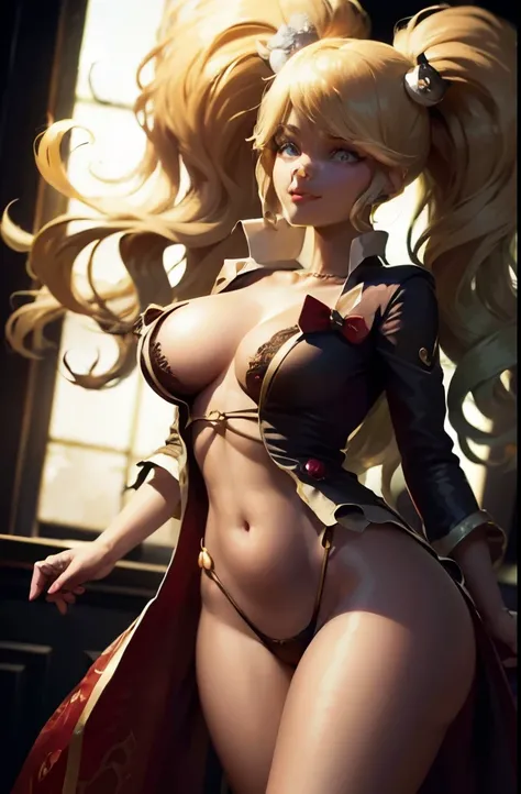 a beautiful anime full-body glamour portrait of a Vampire with a wide open smile and parted lips, goddess, Busty (deep cleavage), flirtatious smile, large fangs showing, gazing at the viewer, fantasy robe, curly hair, green hair, anatomically correct, mid-...