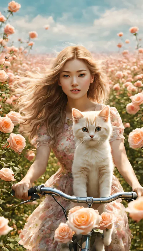 Sea of flowers/Sea of flowers/Sea of flowers.The wind blows through the rose field.spring field scenery.Closeup of beautiful girl riding bicycle with cat.Followed by a puppy.light tone.Light Gold、high resolution细节、Bright and fresh colors.(best quality,4k,8...