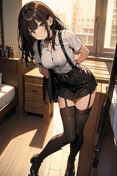 brown hair、looking at the viewer　　suspenders　　　big swollen breasts　　 　 　　　　black mini skirt　garter belt　knee high socks　　　　　　aer...