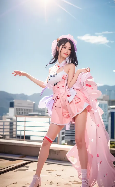 Araf woman in pink dress and white socks posing on roof, Anime Girls Cosplay, full body xianxia, Popular topics on cgstation, cgstation trends, Anime cosplay, professional role play, Inspired by Leng Mei, Promotional role play, Elegant and charming cosplay...