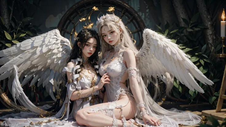 ภาพระยะไกล An angel is depicted with a pale and shine skin, (totally naked), หน้าอกขนาดใหญ่ their skin seemingly glow with an In another way radiance. They are adorned with a pair of sparkling and elegant wing, symbolizing their sacred nature. The scene is...