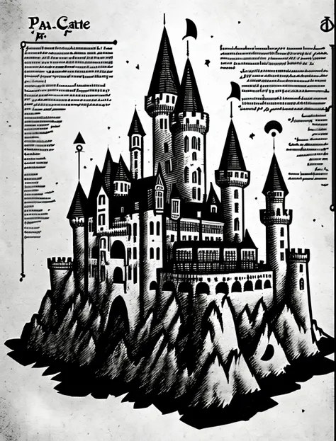 (PLAIN WHITE BACKGROUND), detailed illustration,closeup (haunted castle), blueprint, necronomicon, monochrome