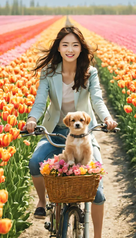 Sea of flowers/Sea of flowers/Sea of flowers.The wind blows through the tulip fields.spring field scenery.Close-up of beautiful sunny girl riding bicycle with puppy.There are flowers and puppies in the bamboo basket in front of the car.light tone.light gol...