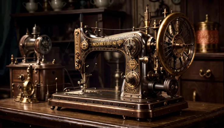 there is a sewing machine sitting on a table in a room, retro machinery, steampunk aesthetic, intricate machinery, highly ornate, antiques, a long-shot, antique style, beautiful craftsmanship, ultra intricate, manufactured in the 1920s, early xx century te...