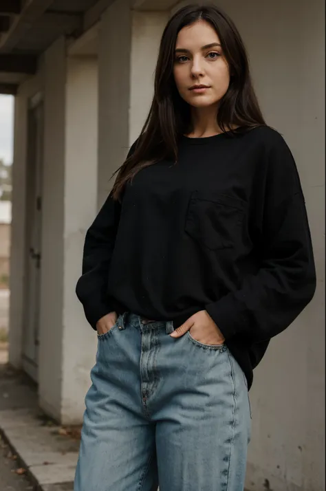 A portrait of a Burnette woman standing hand in pockets, wearing black