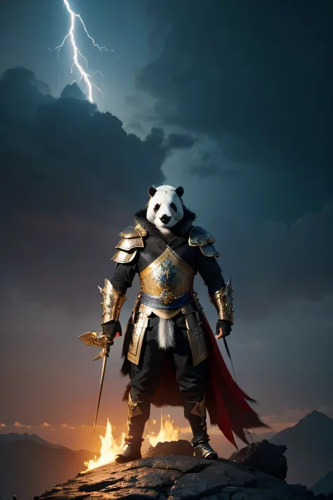 panda，Gilded armor，thunder，black dragon，Standing on the top of the mountain，awesome，Highly realistic， masterpiece， higher quality， high detail， ultra high resolution， 8k