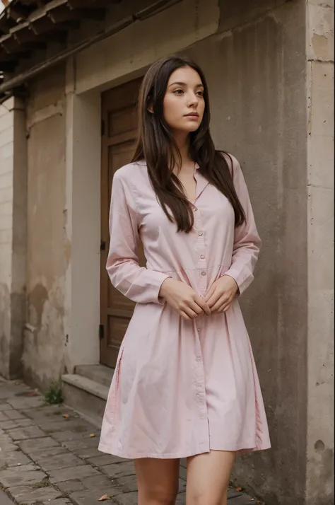 A portrait of a Burnette woman standing hand in pockets, wearing pink dress