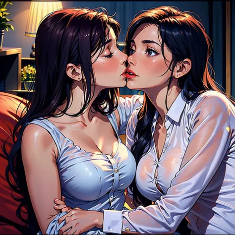 araffe woman kisses a woman in a white shirt while she holds her hand on her chest, kissing together cutely, kiss, still from a ...