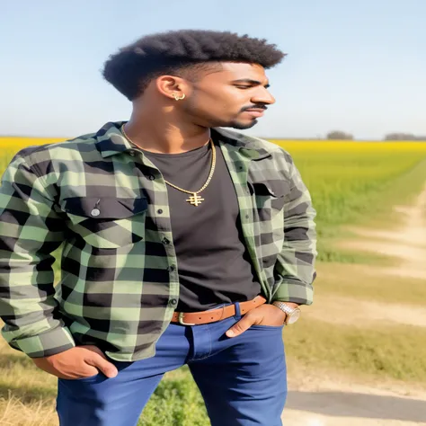 arafed man standing in a field with a green and black shirt, wearing a flannel shirt, flannel, wearing a chain, profile pic, profile image, profile picture 1024px, wearing plaid shirt, portait photo profile picture, riyahd cassiem, wearing a plaid shirt, p...