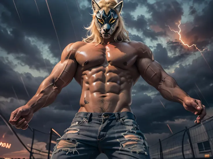 (RAW image quality:1.4), beautiful feces, bright pictures, sunlight, 8k, RAW image quality, masterpiece, highest quality, (1 male), Black Fox Mask:1.2, A man wearing a fox mask on his face:1.5, 35 year old male, blonde long hair, bodybuilder:1.4, There is ...