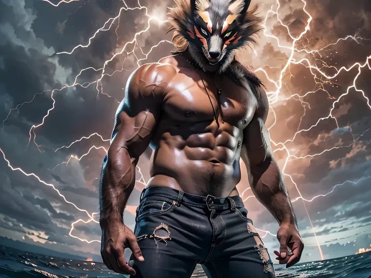 (RAW image quality:1.4), beautiful feces, bright pictures, sunlight, 8k, RAW image quality, masterpiece, highest quality, (1 male), Black Fox Mask:1.2, A man wearing a fox mask on his face:1.5, 35 year old male, blonde long hair, bodybuilder:1.4, There is ...