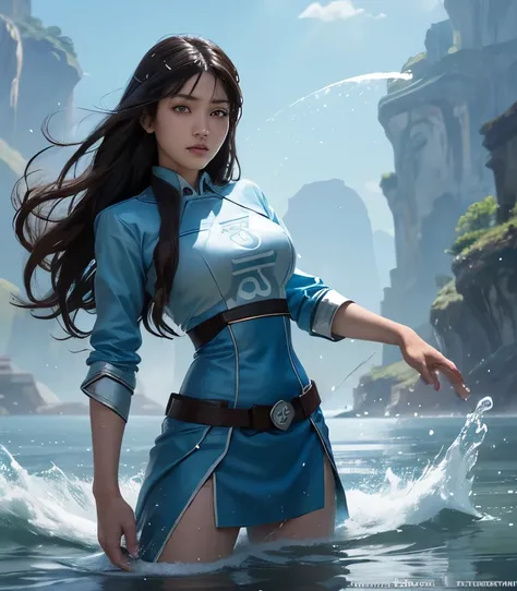 Water bender uniform, with long hair controlling water, korra from the legend of korra,legend of korra setting, asian female water elemental, fan art, epic digital art illustration, steven artgerm lau, avatar the last airbender, big breast, robbed shirt, w...