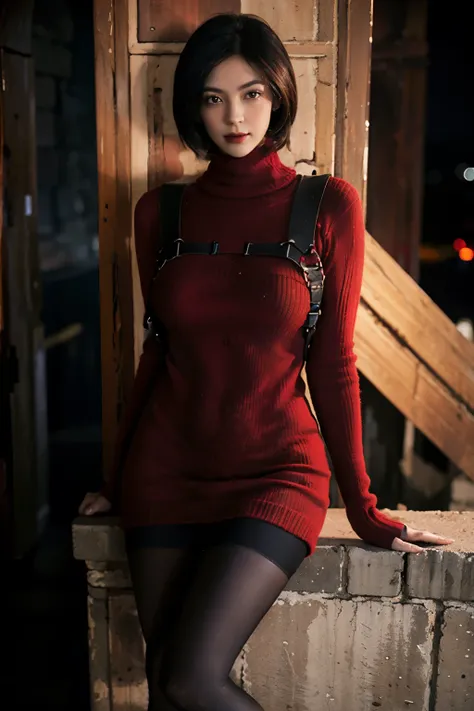 1girl, re4, red sweater dress, gola alta, ribbed sweater, botas de coxa, black pantyhosebloom, harness, melhor qualidade, obra-p...