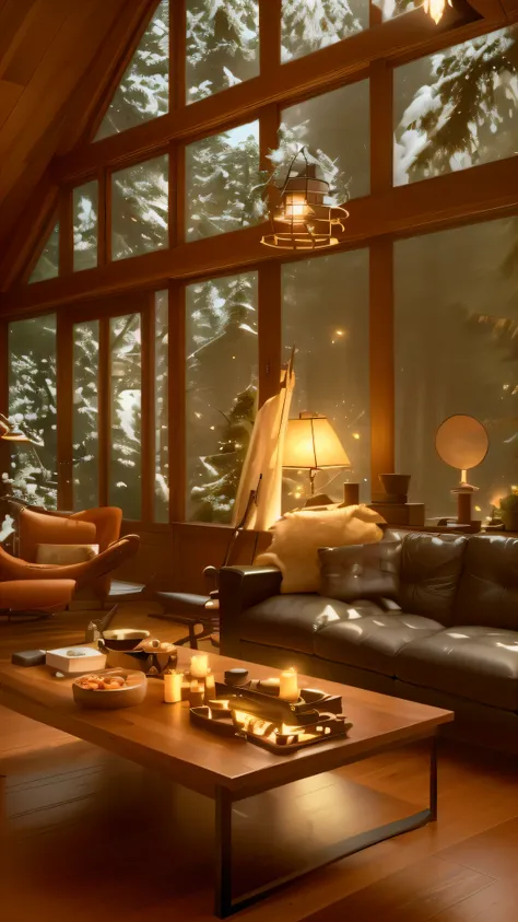 Arafed living room with fireplace and large windows, cozy environment, Warm interior, cozy place, cozy living room, warm living room, moody atmosphere, cozy environment, cozy living room interior, Cozy and peaceful atmosphere, house in the forest, cozy atm...