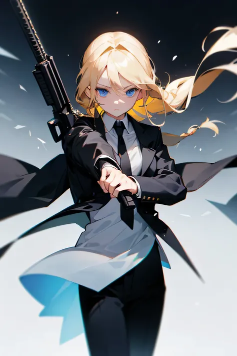 one beautiful woman、blonde、blue eyes、Braid、black jacket、white dress shirt、black slacks、black tie、Hold your guns、Standing picture、high quality