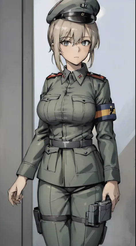 (1girl), (German army female officer:1.7), (large breasts) (wearing a dark grey military uniform:1.3), (swastika_armband:1.4),