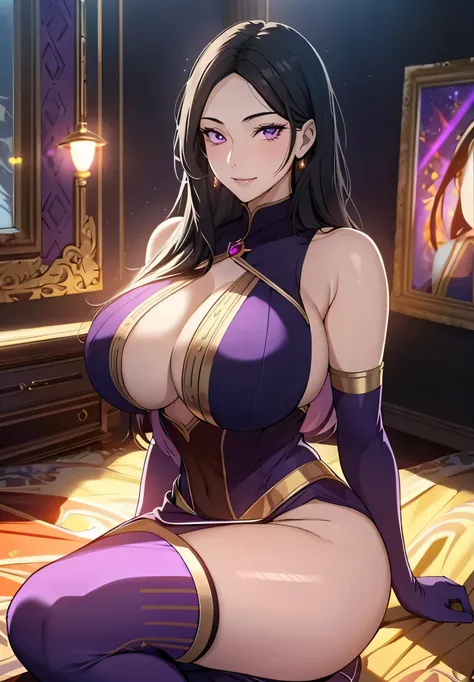 Lian, long black hair, hair stick, bangs, violet eyes, solo, smiling, standing, upper body, hips, bare shoulders,purple thighhighs,violet dress, gold jewelry,armor,gloves,circlet, cleavage, red and gold royal castle, gigantic breasts, (best quality, master...