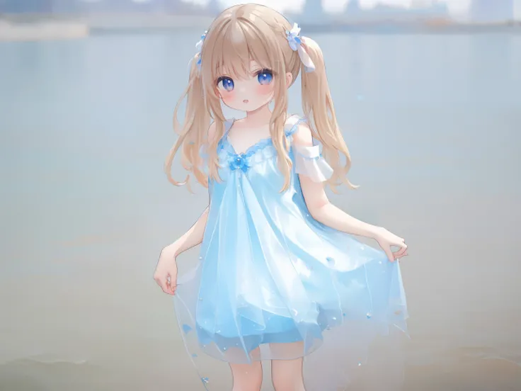 (masterpiece, highest quality, ultra high resolution)
alone,blush,
above the thighs,A girl with beautiful and detailed eyes,twin tails, brown hair permanent,
null,water blur background,
