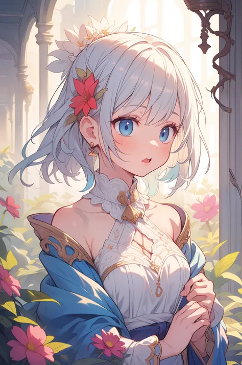 a girl with pastel hair and a complementary colored dress with flowers around her neck and shoulder, with a flowers in her hair,...