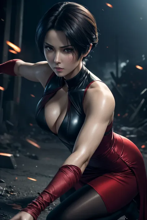 Arti modern anime. angled view, heroic pose, face closeup portrait of stunningly beautiful (Ada Wong from Resident Evil) as an heroic brave lady, in a violent action scene, wind blowing short black hair, slim body, highly ornamented and detailed red long s...