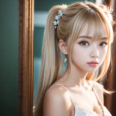 portrait、Topless、bright look、twin tails、young shiny glossy white shiny skin、best looks、blonde reflection、Platinum blonde hair with dazzling highlights、shiny bright hair,、super long straight hair、Shining beautiful bangs、Sparkling crystal clear charming big ...