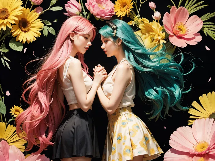 2 european women flirting, holding hands, upper body,long wavy mint green hair, colorful skirts, flowers, flower petals billowing through the air, black and yellow and pink pattern background, (abstract black and yellow and pink pattern background), 