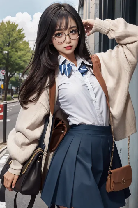 masterpiece, best quality, ultra-detailed, illustration,, (paisura:1.4), 1girl, glasses, small breasts, necktie, skirt, bag, school uniform, black hair, outdoors, road, between breasts, street, school bag, ground vehicle, danchi, japan,,  