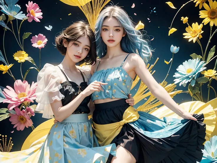 2 european women flirting, upper body,short wavy light blue hair, colorful skirts, flowers, flower petals billowing through the air, black and yellow and blue pattern background, (abstract black and yellow and pink pattern background), 