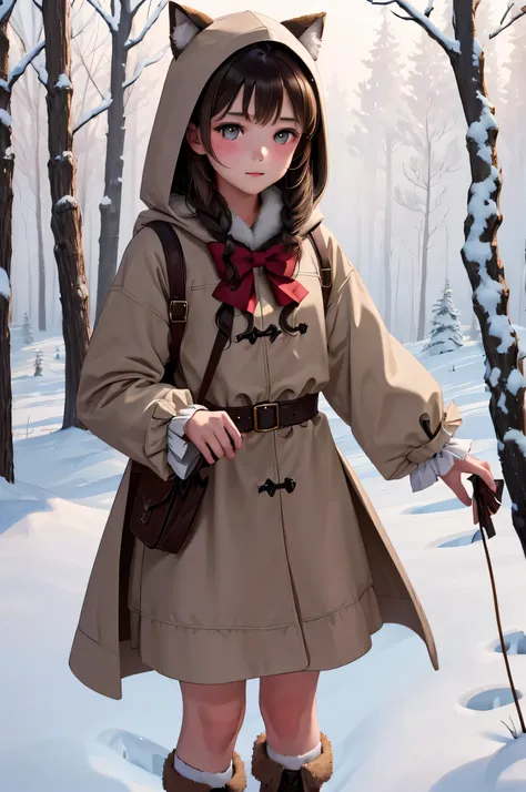 {there is a young girl in the middle of a winters forest. she is beautiful, and attractive. she is an 18th century style coat with a hood, a scrarf and a long dark brown skirt she is also wearing fur boots. she has beautiful long brown hair, and beautiful ...