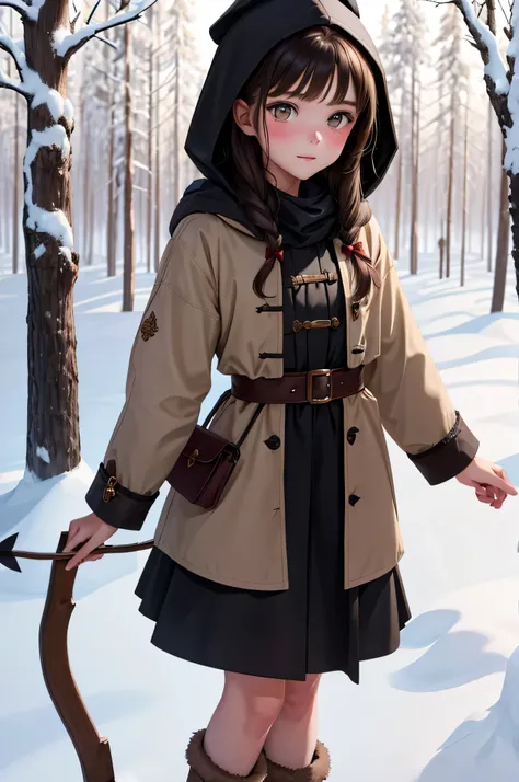 {there is a young girl in the middle of a winters forest. she is beautiful, and attractive. she is an 18th century style coat with a hood, a scrarf and a long dark brown skirt she is also wearing fur boots. she has beautiful long brown hair, and beautiful ...