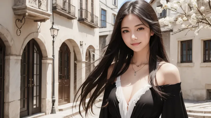 girl, solo, smile, standing, long black hair, stylish elegant white dress, elegant clothes, spring clothes, modern fashion, fashion magazines, complemented with a necklace, close up, portrait style, in an old European town, classic European architecture, i...