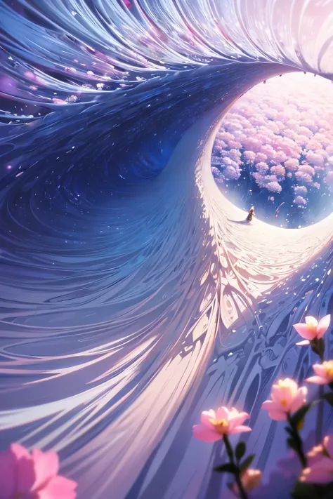 from below, best quality, 32k, RAW photo, incredibly absurdres, extremely detailed, delicate texture, the big wave of massive flowers and massive petals is swallowed up, fantasy, fairy tale, pastel color, motion-blur, action-lines