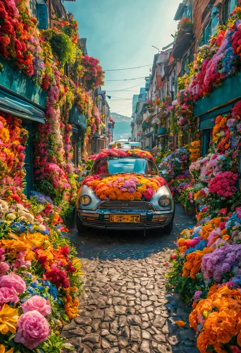Realistic photo, fantasy, futuristic, sci-fi, Sea of flowers, City, view od street covered by flowers, plenty od colorful flowers, walls covered by flowers, cars covered by flowers, vivid colors, a beautiful woman wandering the streets of a city completely...
