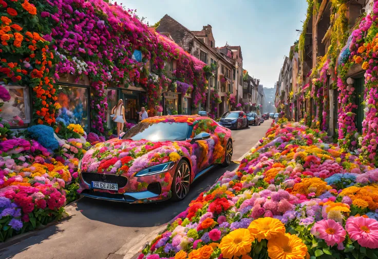 Realistic photo, fantasy, futuristic, sci-fi, (1girl), Sea of flowers, City, view of wide street covered by flowers, plenty od colorful flowers, walls covered by flowers, cars covered by flowers, ground covered by grass and flowers, vivid colors, a beautif...