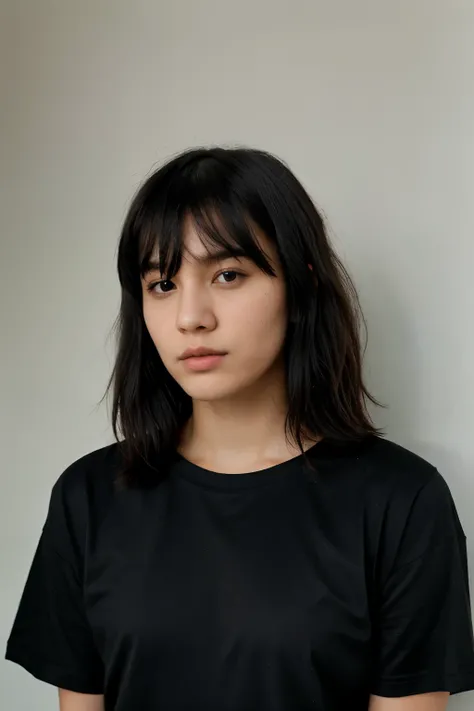 24 year-old girl, boyish, wearing black t-shirt, fierce, medium black hair with bangs, half asian half australian, full portrait