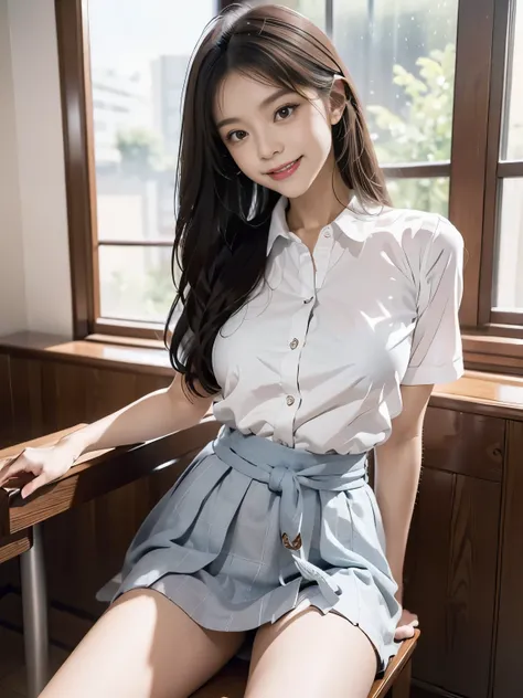 best image quality　RAW photo　baby face　(((detailed face)))(((detailed body)))(((model body shape)))(((sexy body)))(((NSFW)))(((long hair that reaches to the waist)))school classroom(Detailed school scene)school uniform(white shirt)(Gray Check Skirt)(gray c...