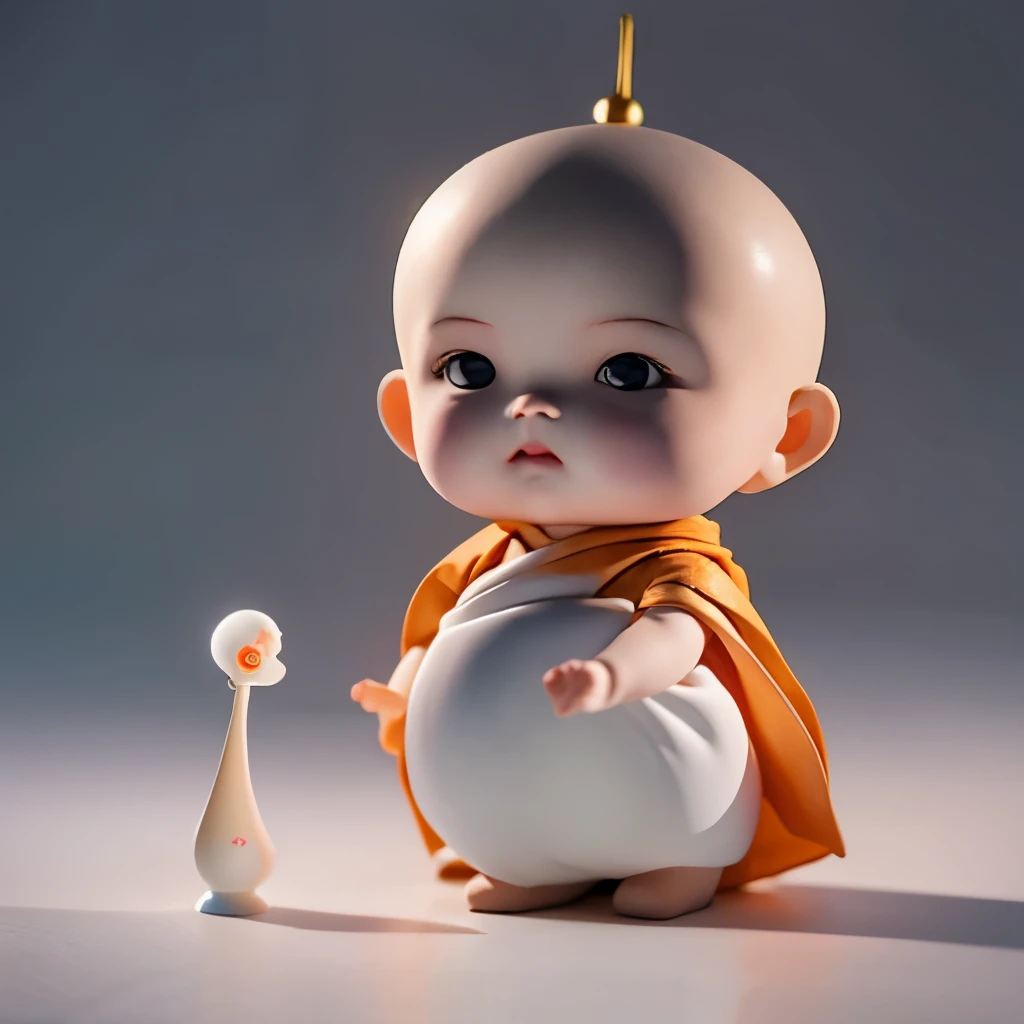 little monk，boy，Budai monk，Chinese style，light encounter，Bubble Mart，Genshin ，minimalist design， Cute doll，Figure，Cartoon image，disney style，Real light and shadow，high saturation，high contrast，realism，Extreme rendering