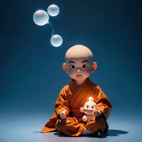 little monk，boy，Budai monk，Chinese style，light encounter，Bubble Mart，Genshin ，minimalist design， Cute doll，Figure，Cartoon image，disney style，Real light and shadow，high saturation，high contrast，realism，Extreme rendering