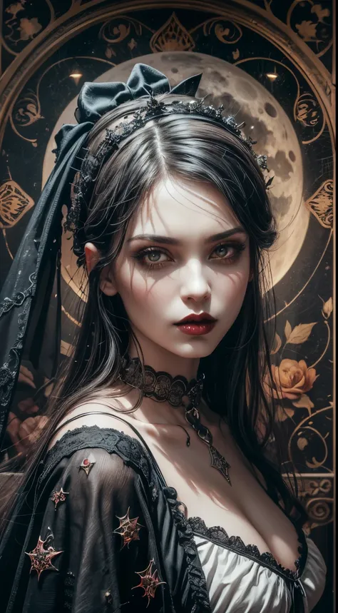 women oil painting，Postmodern art，Bohemian style，The background is a city, (masterpiece),(vampire),(unparalleled quality:1.4), ultra high resolution,surreal, dark fantasy portrait, (sharp focus:1.1), photo of a vampire,gothic horror vibes, Gurwitz style ar...