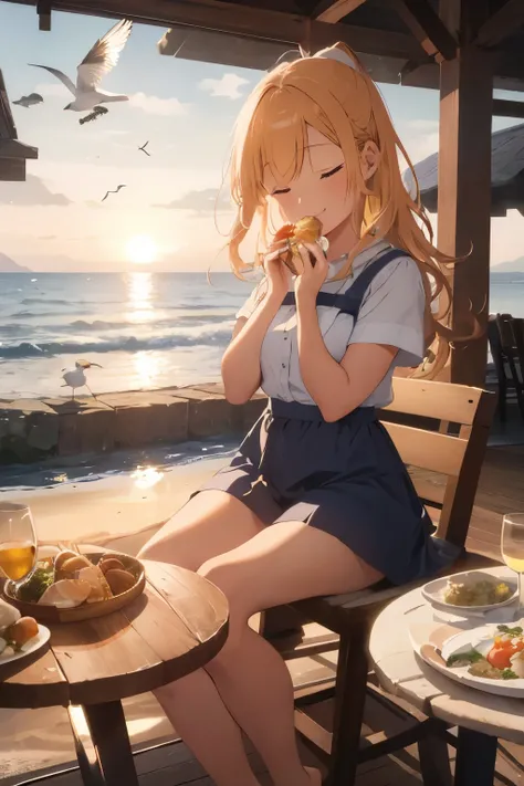 A serene scene of a figure named A, engrossed in an ethereal moment as they indulge in a meal by the tranquil seashore. The sun is setting, casting a warm golden glow over the calm waves, reflecting gently on the pebbles underneath As feet. Seagulls glide ...