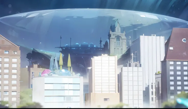 
underwater city, protected by a bubble, building, fantasy world