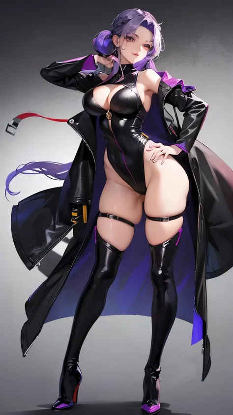 sexy，Hot，beautiful female agent，Gray-purple hair，Big breasts，Low cut clothing，black，boots，The body is on the back，Body twisting，whole body