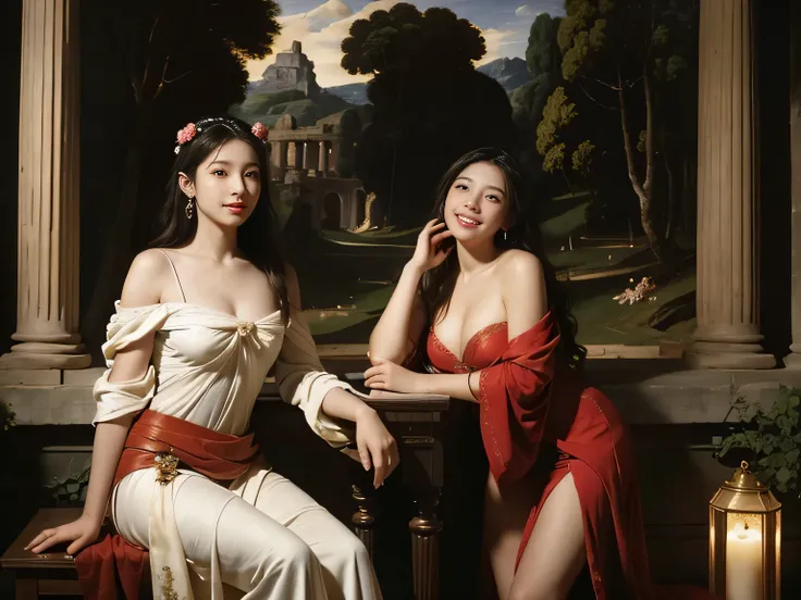 Giorgione&#39;s painting style,Discussion between two female philosophers,math、astronomical machine、astronaut、roses in vase、fruit、Cute trinkets、smile、ancient greek costume、The background is a forest lake at night 、Clothes that stretch your shoulders、A big ...