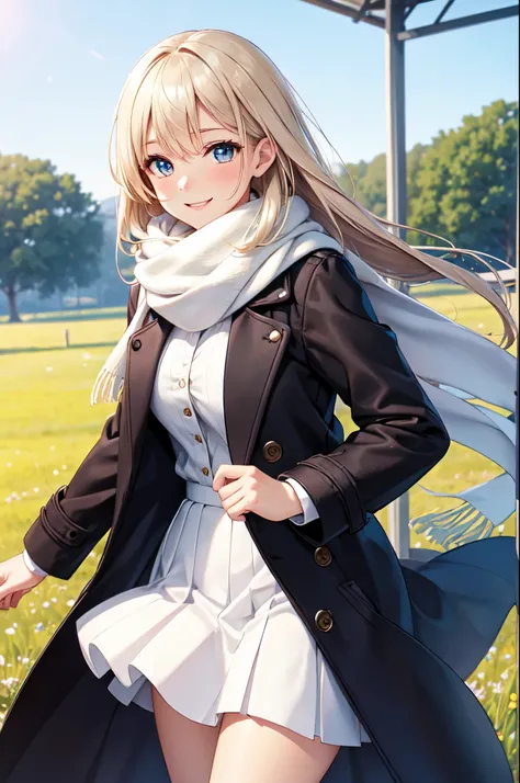 (High quality, High resolution, Fine details), field of grass, BREAK (Long black coat), BREAK (Long white skirt), Woolen scarf, solo, curvy women, sparkling eyes, (Detailed eyes:1.2), smile, blush, shallow depth of field
